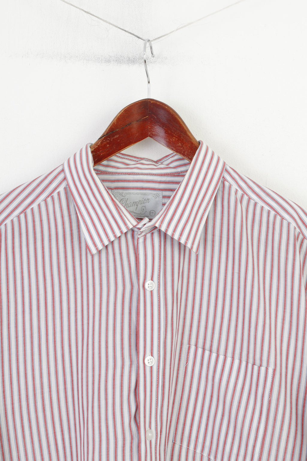 Champion Hommes 17,5 XL Chemise décontractée Blanc Rouge Rayé Doux Rétro Haut à manches longues