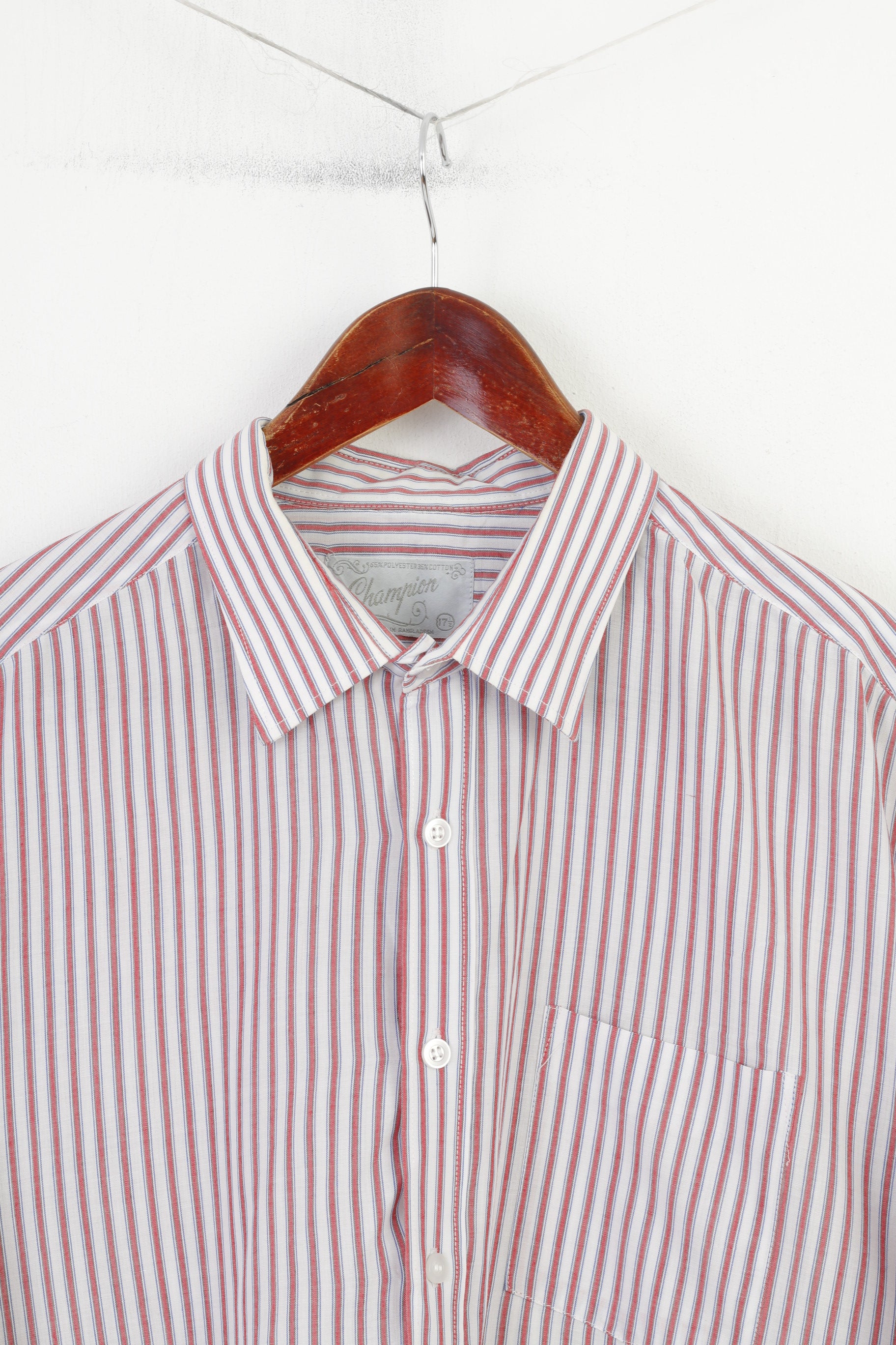 Champion Men 17.5 XL Casual Shirt White Red Striped Soft Retro Long Sleeve Top