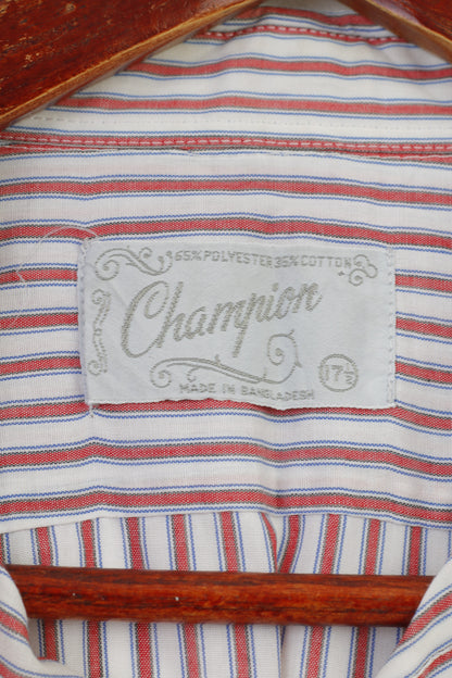 Champion Men 17.5 XL Casual Shirt White Red Striped Soft Retro Long Sleeve Top