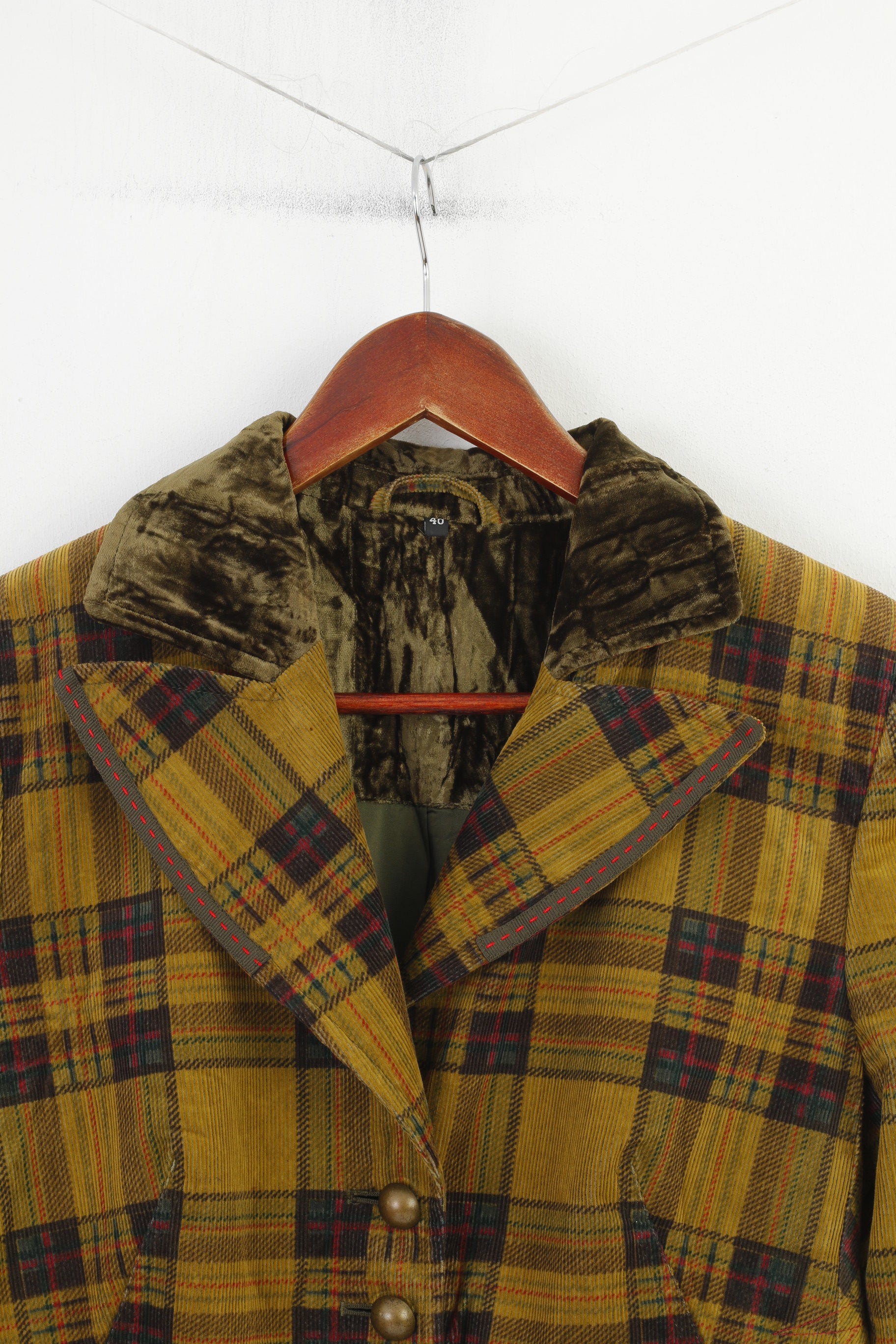 Vintage Women 40 S Blazer Green Checkered Cotton Country  Style Vintage Corduroy Jacket