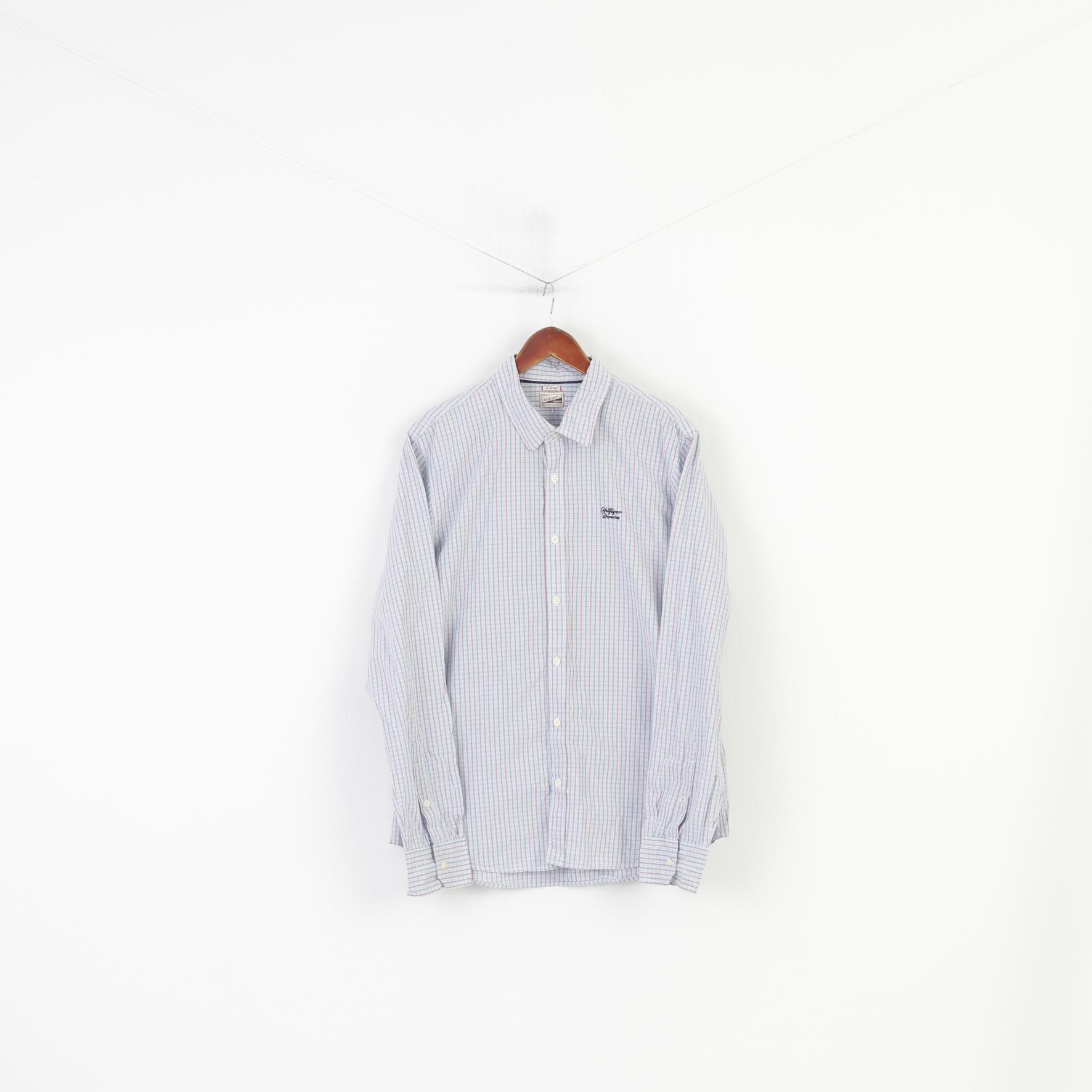 Hilfiger Denim Men XL L Casual Shirt Checkered Long Sleeve Cotton Blue Top