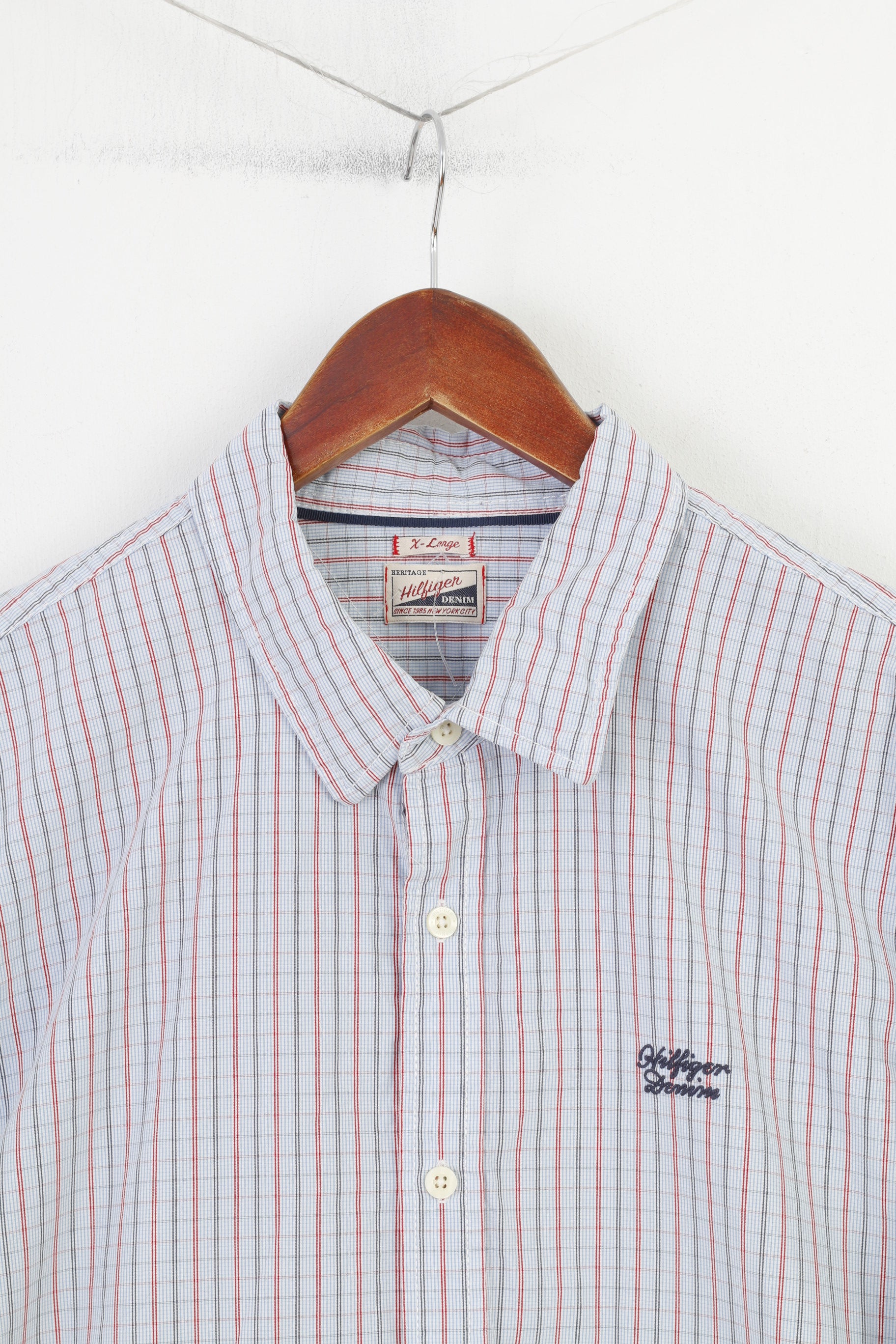 Hilfiger Denim Men XL L Casual Shirt Checkered Long Sleeve Cotton Blue Top