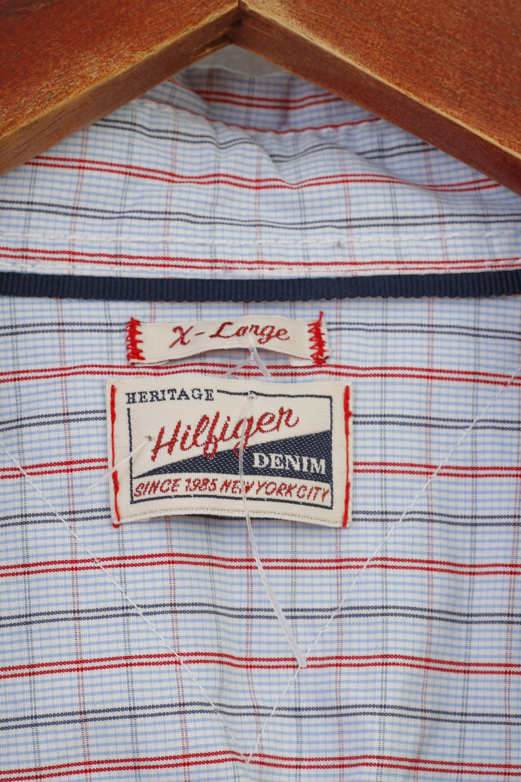 Hilfiger Denim Men XL L Casual Shirt Checkered Long Sleeve Cotton Blue Top