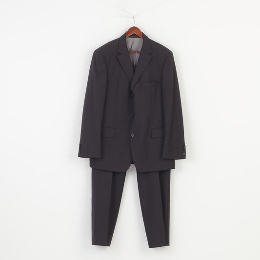 Hugo Boss Men 56 Suit Grey Striped Wool Elegant Top