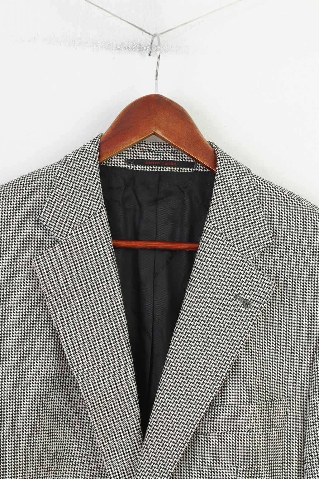 Pierre Cardin Men 102 L Blazer Black White Pattern Checkered Silk Wool Blend Single Breasted Jacket