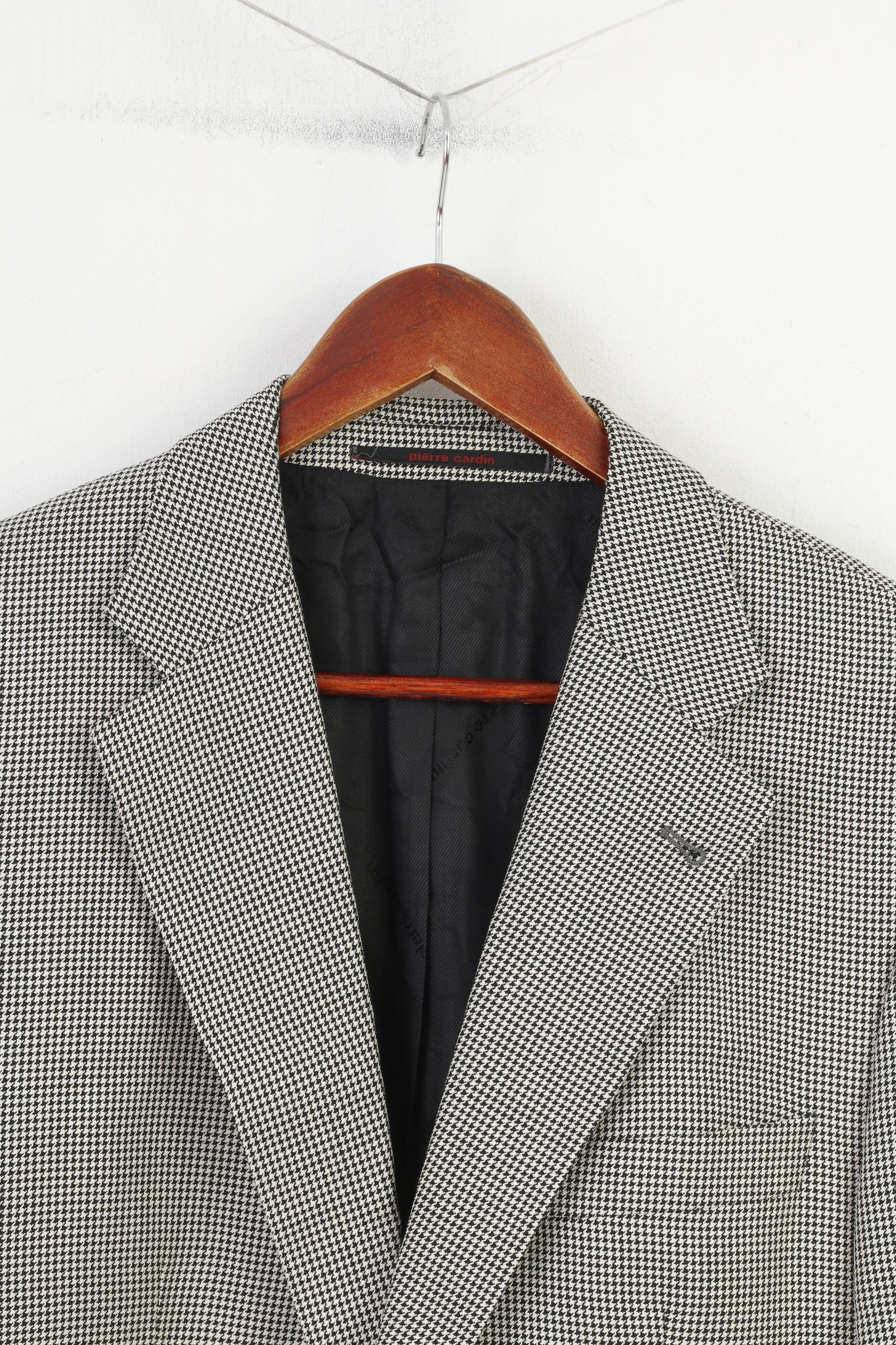 Pierre Cardin Men 102 L Blazer Black White Pattern Checkered Silk Wool Blend Single Breasted Jacket