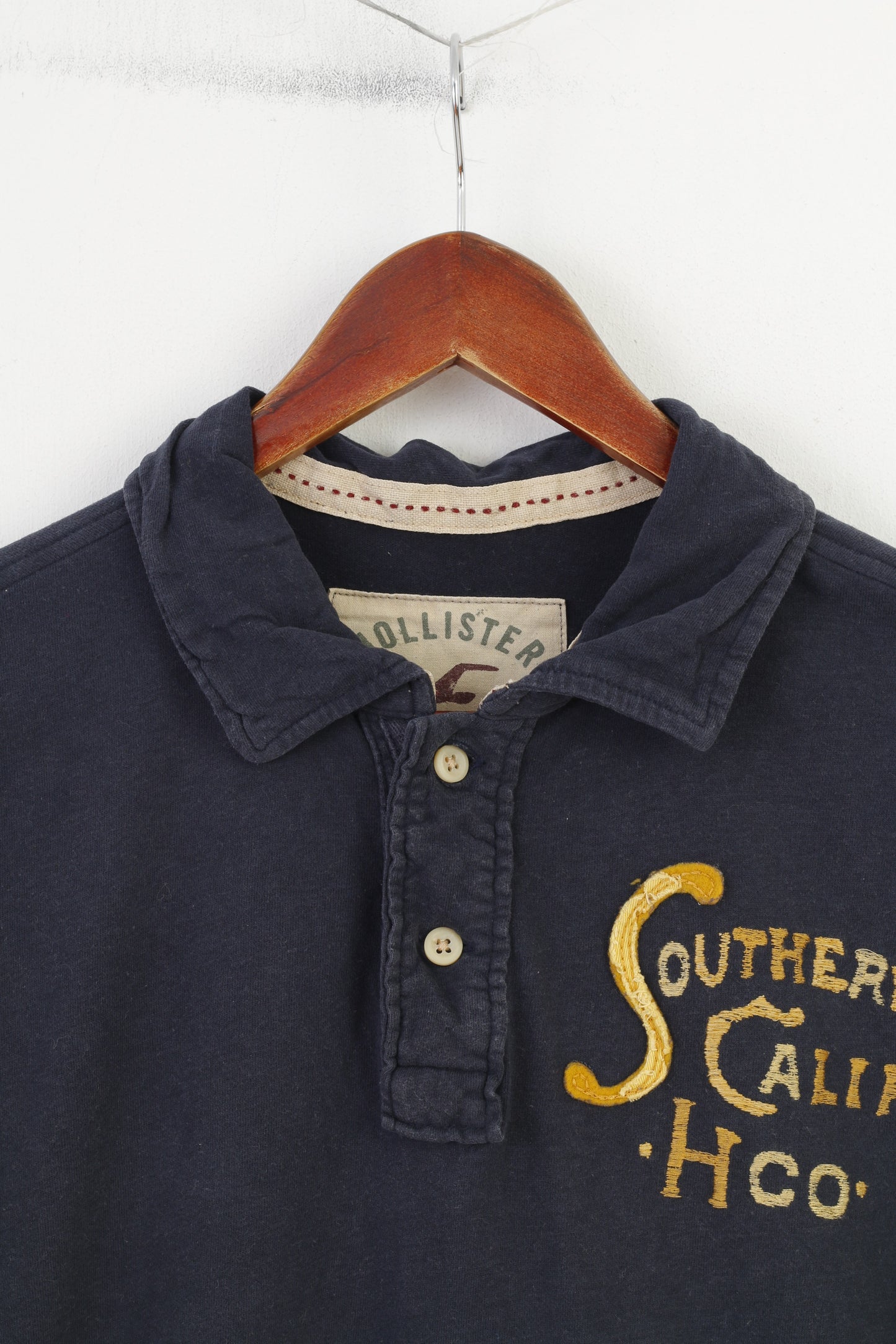 Hollister California Men XL L Polo Shirt Navy Cotton Detailed Buttons Short Sleeve Top
