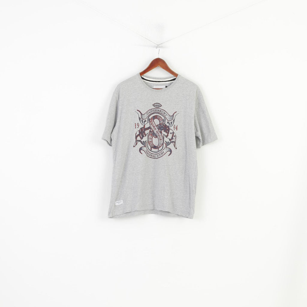 Canterbury Men L T-Shirt Grey Cotton Original Rugby Crew Neck
