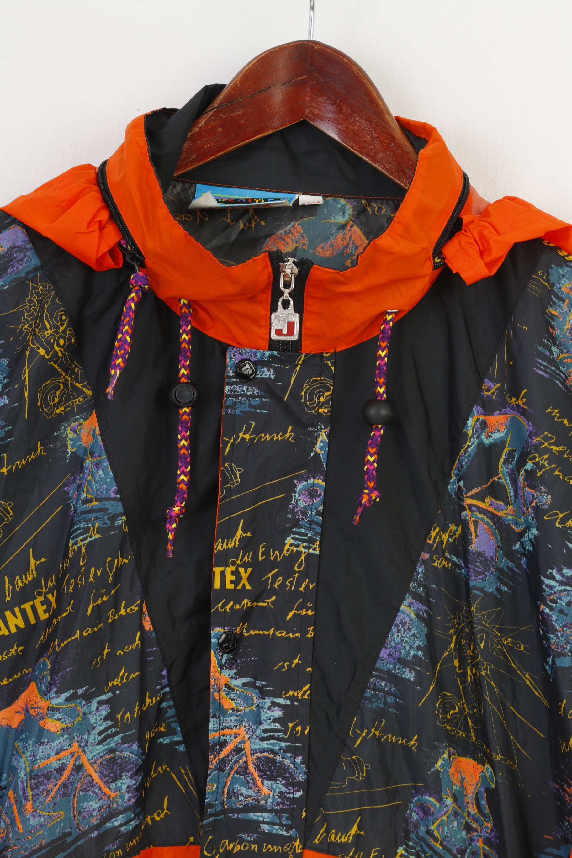 Jeantex Uomo 44/46 Giacca impermeabile Multicolor Cerniera intera Cappuccio retrattile Oversize Vintage Top geometrico