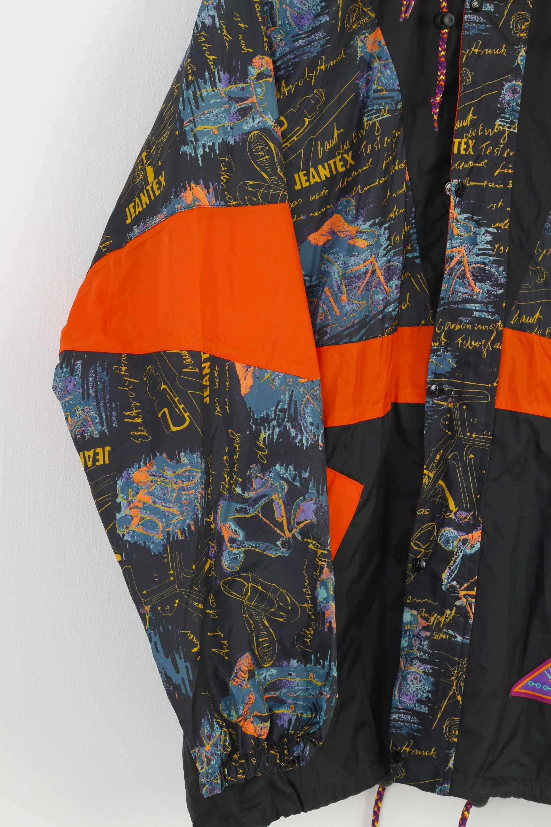 Jeantex Uomo 44/46 Giacca impermeabile Multicolor Cerniera intera Cappuccio retrattile Oversize Vintage Top geometrico