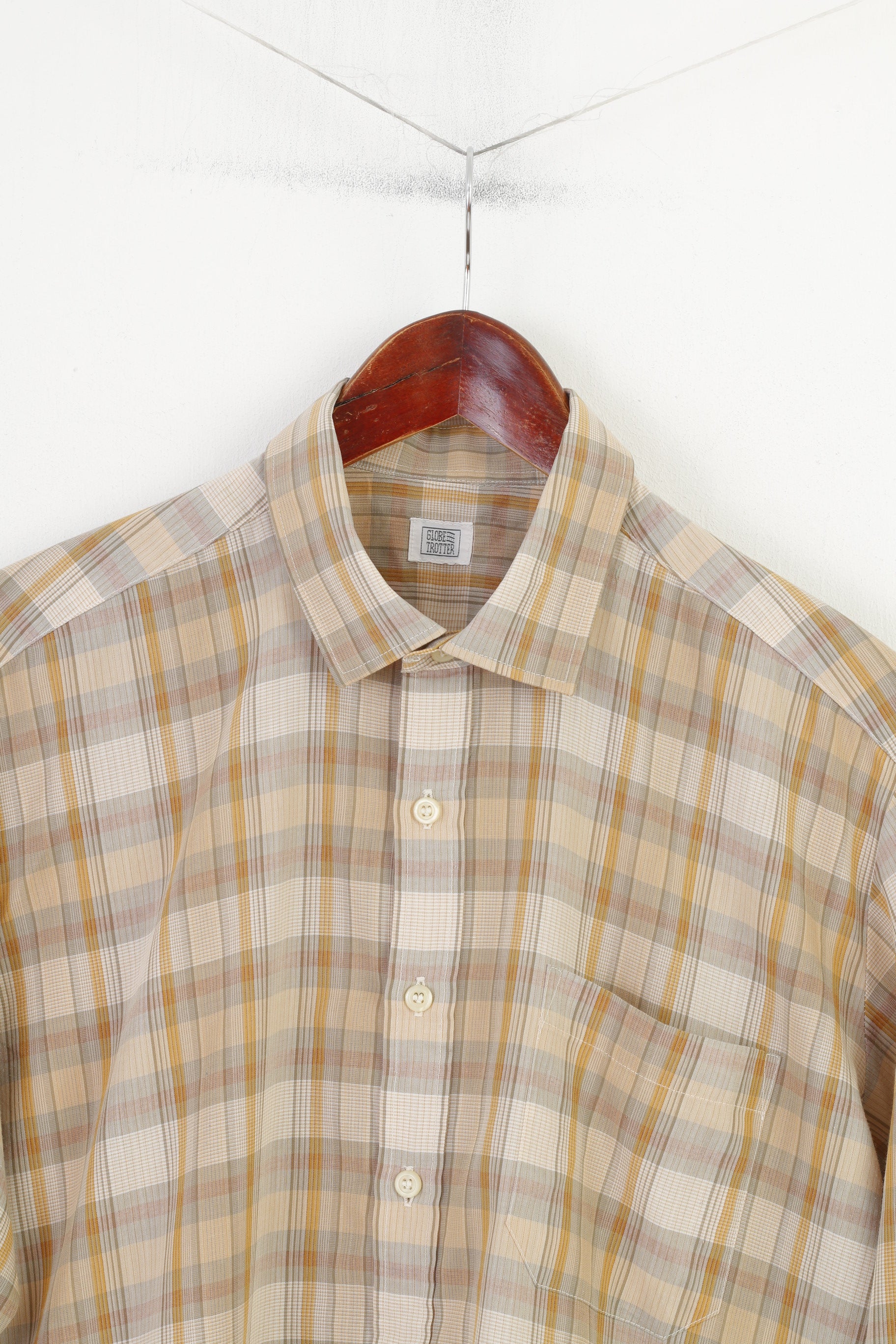 Vintage Globetrotter Men L Casual Shirt Brown Checkered Long Sleeve Top