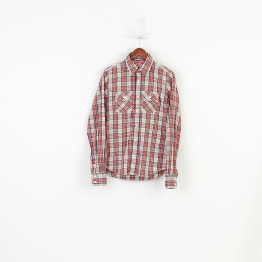 Superdry Men M S Casual Shirt Checkered Red Cotton Vintage Long Sleeve Top