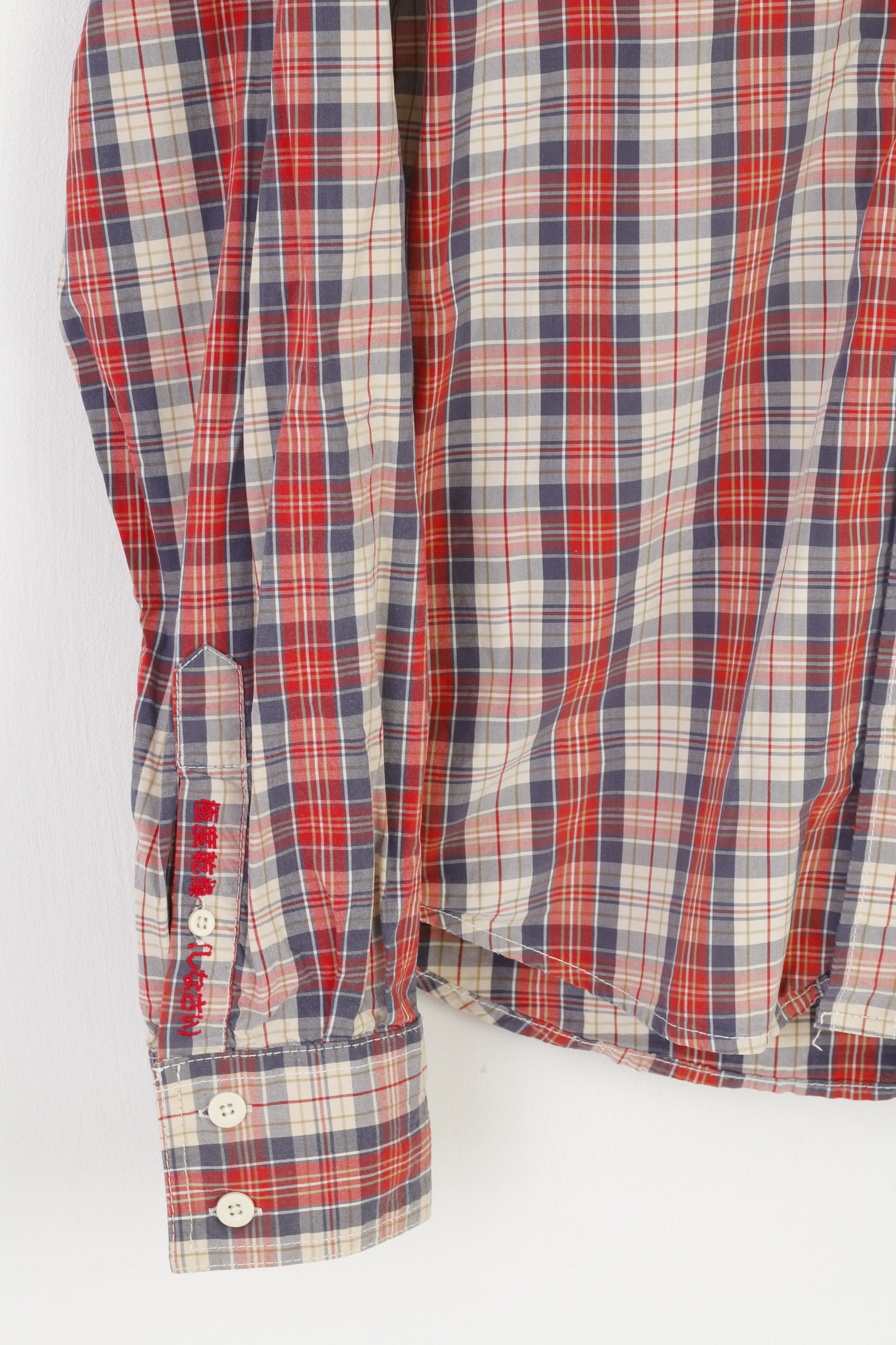 Superdry Men M S Casual Shirt Checkered Red Cotton Vintage Long Sleeve Top