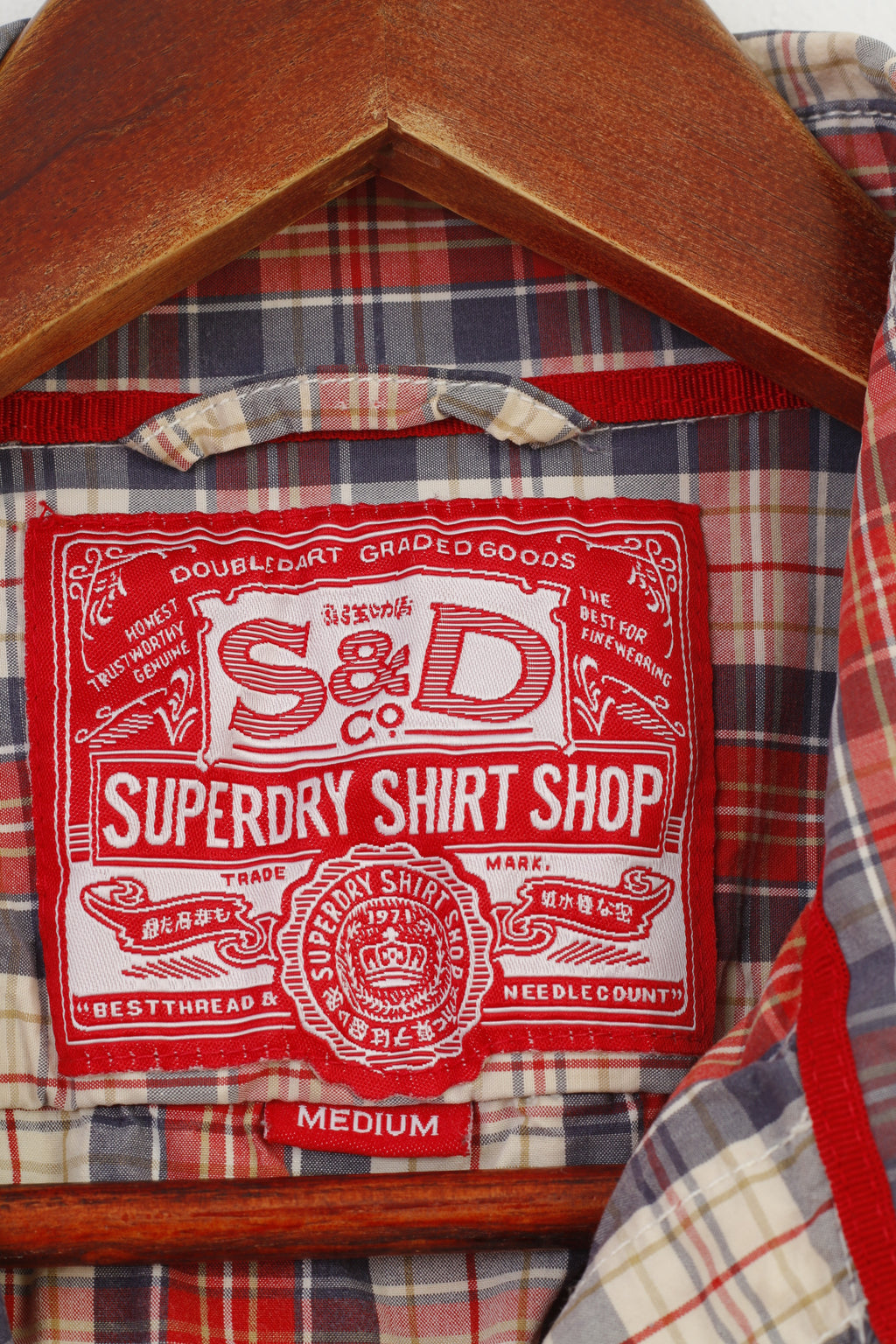 Superdry Men M S Casual Shirt Checkered Red Cotton Vintage Long Sleeve Top