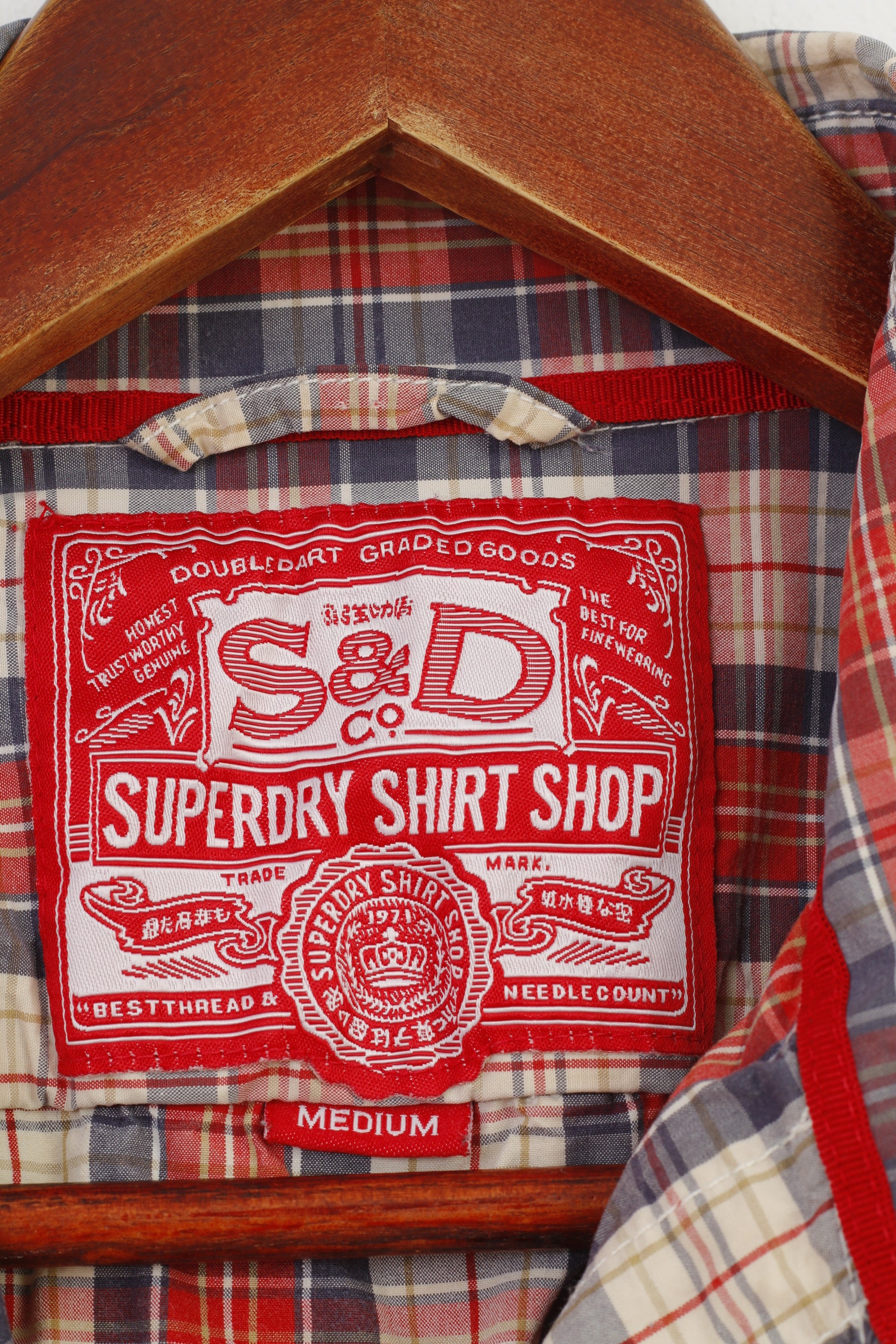 Superdry Men M S Casual Shirt Checkered Red Cotton Vintage Long Sleeve Top