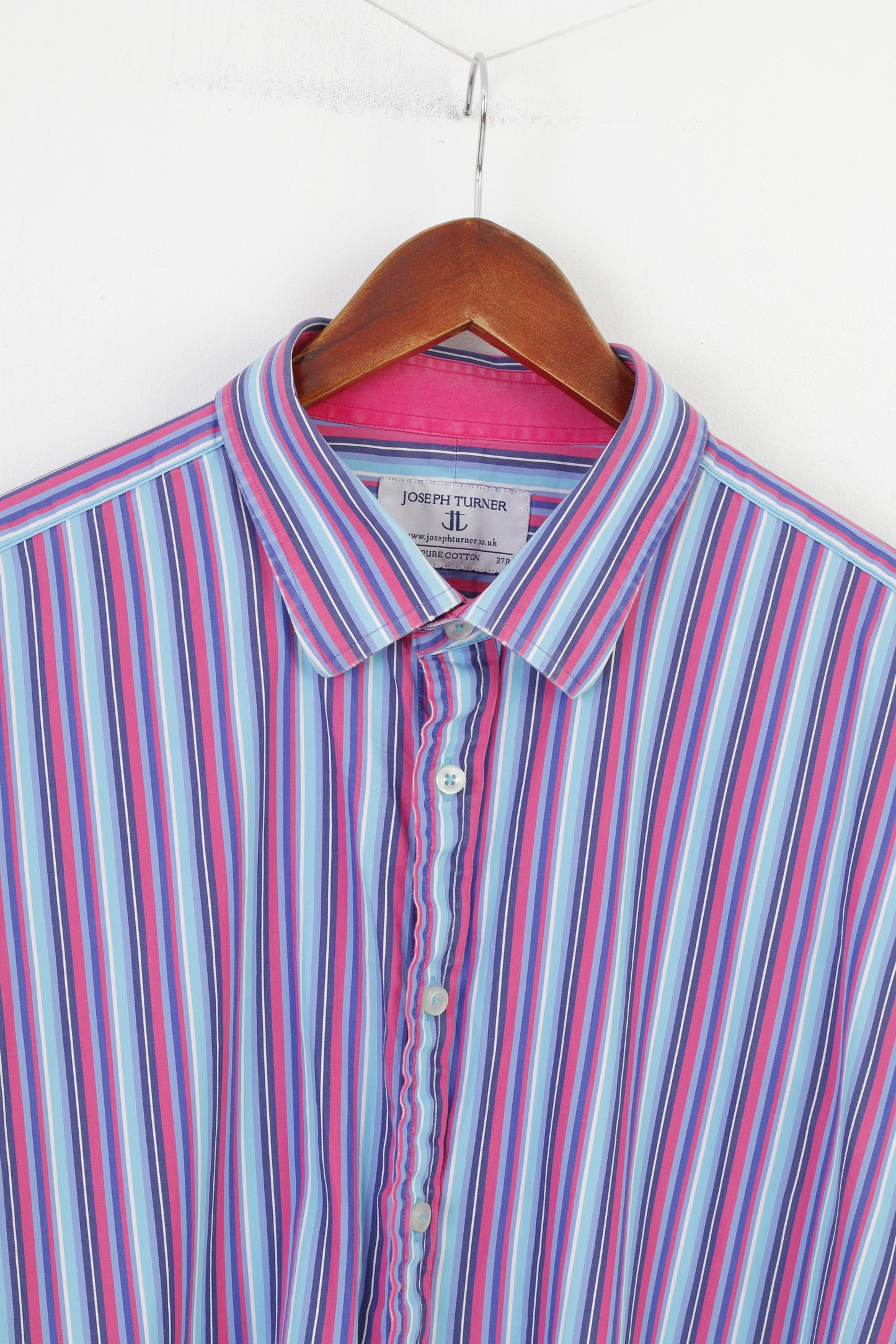 Joseph Turner Uomo 37R Camicia casual in cotone a righe blu rosa con bottoni e colletto a maniche lunghe