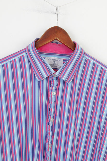 Joseph Turner Men 37R Casual Shirt Cotton Striped Blue Pink Buttons Collar  Long Sleeve Top