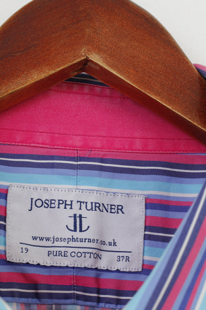 Joseph Turner Men 37R Casual Shirt Cotton Striped Blue Pink Buttons Collar  Long Sleeve Top