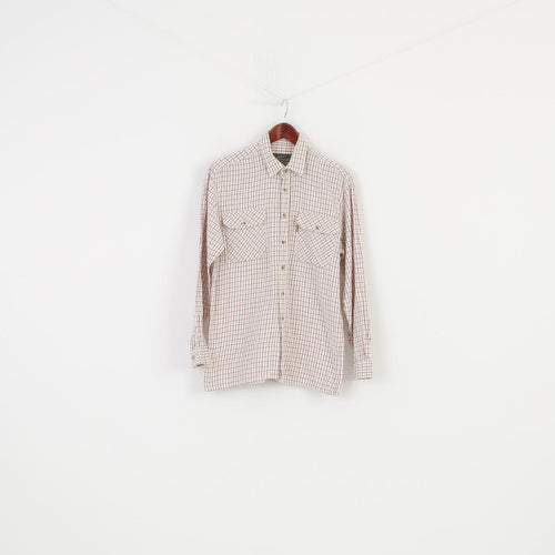 Champion Men M Casual Shirt Cotton Checkered White Long Sleeve Classic Fit Top