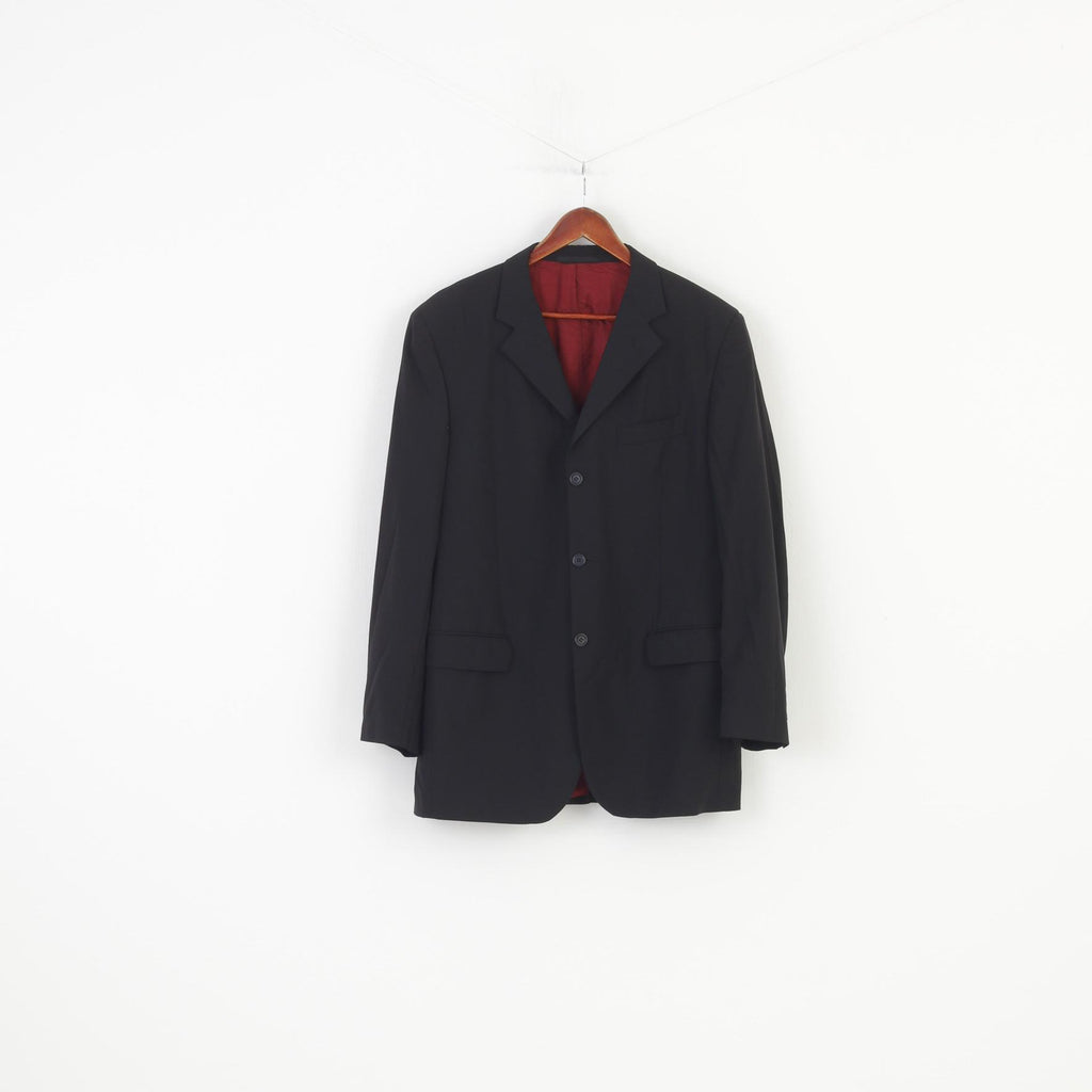 Jaeger Men 54L Blazer Black Wool Breasted Jacket Buttons Long Sleeve Top