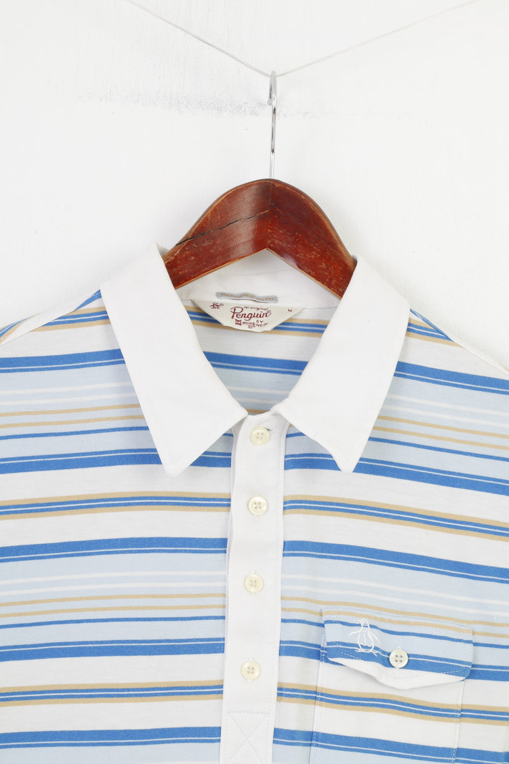 Penguin Men M Polo Shirt Striped Blue Cotton Heritage Slim Fit Collar Short Sleeve Top