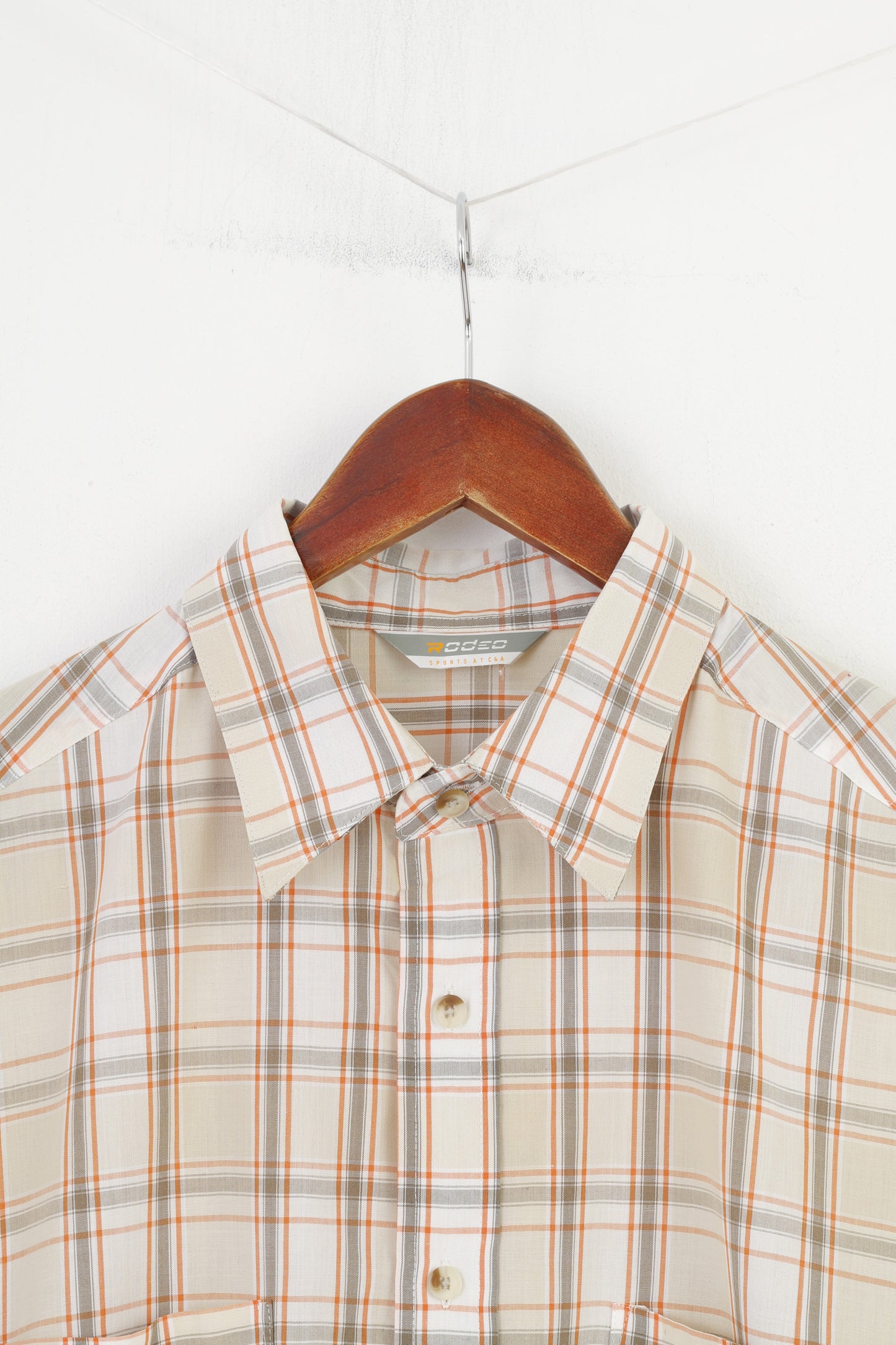 Rodeo Men L Casual Shirt Checkered Cream Short Sleeve Collar Buttons Top