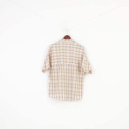 Rodeo Men L Casual Shirt Checkered Cream Short Sleeve Collar Buttons Top