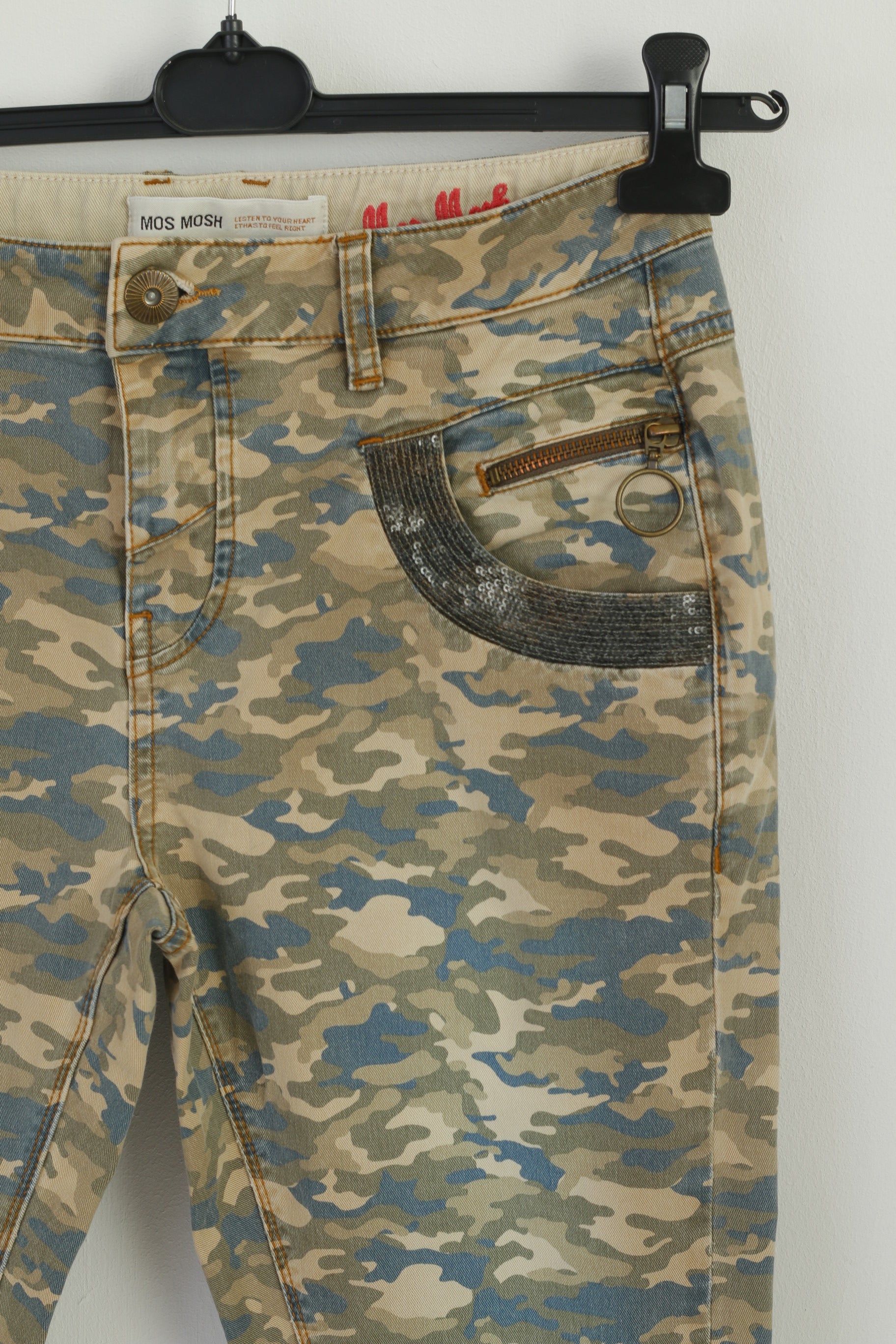 MOS MOSH Women 28 Jeans Trousers Beige Camo Skinny Cotton Pants