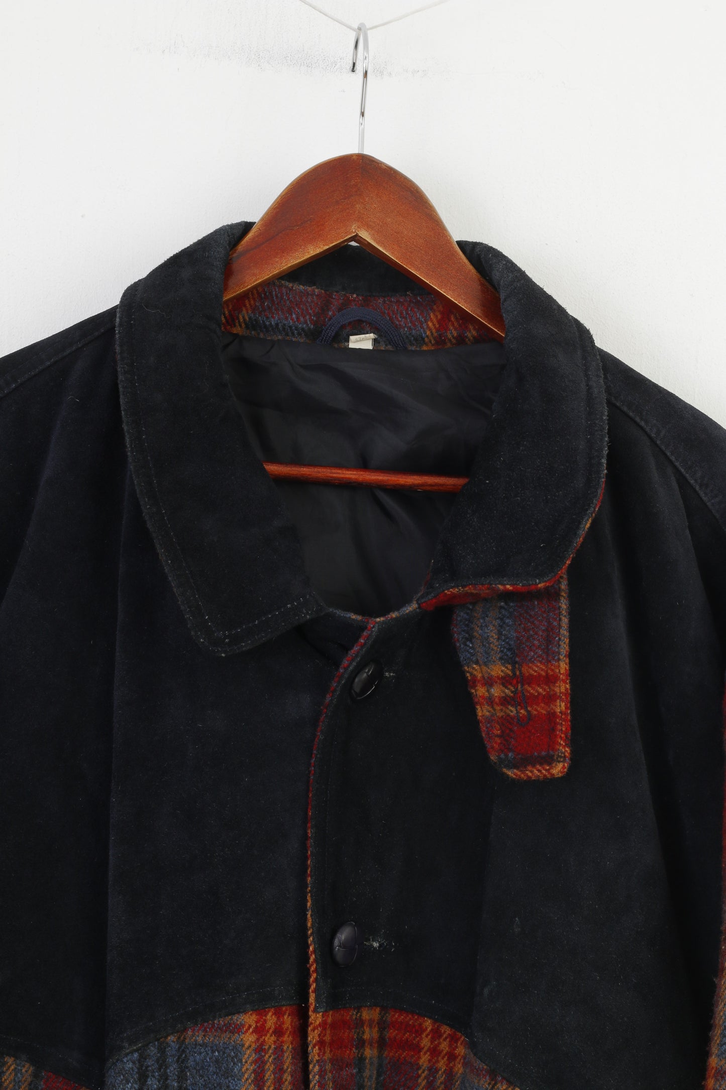 Vintage hommes L veste laine à carreaux bleu marine bas col rembourré manches longues poches haut