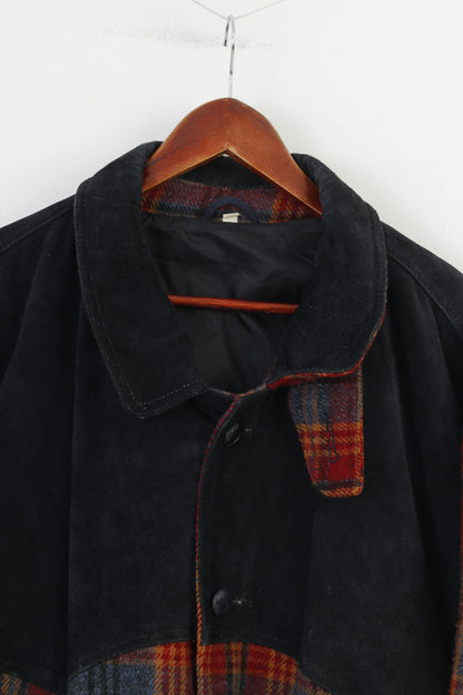 Vintage hommes L veste laine à carreaux bleu marine bas col rembourré manches longues poches haut