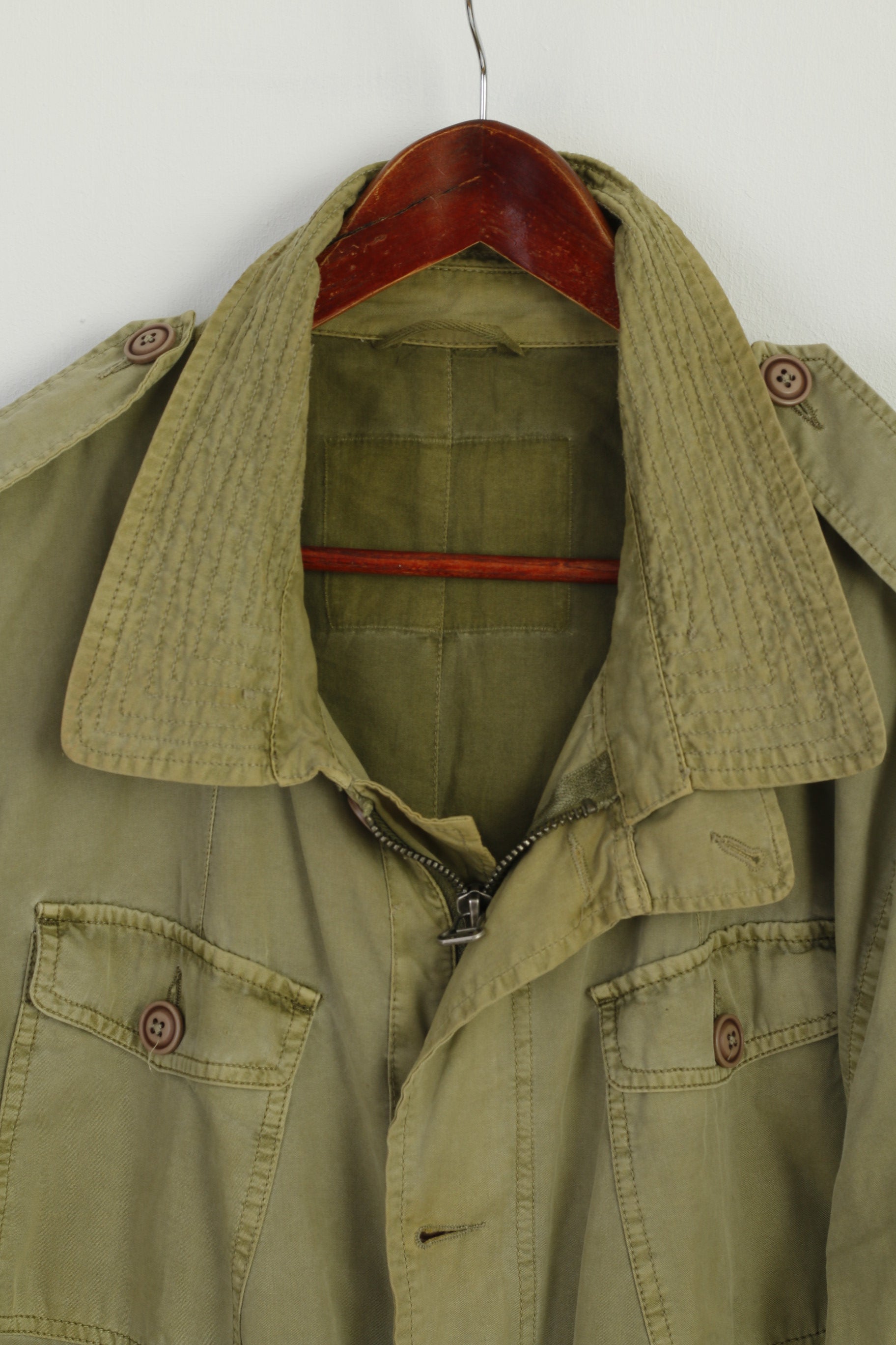Vintage Men XL Jacket Khaki Shiny Cotton Retro Zip Up Outdoor Parka