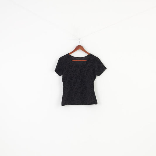 Vintage Woman S Shirt Black Flower Short Sleeve Elegant Top