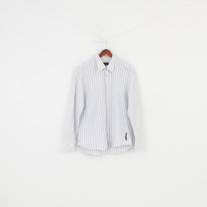 Duck And Cover Men XL Elegant Shirt  Cotton Striped White Light Blue Collar Long Sleeve Buttons Top 