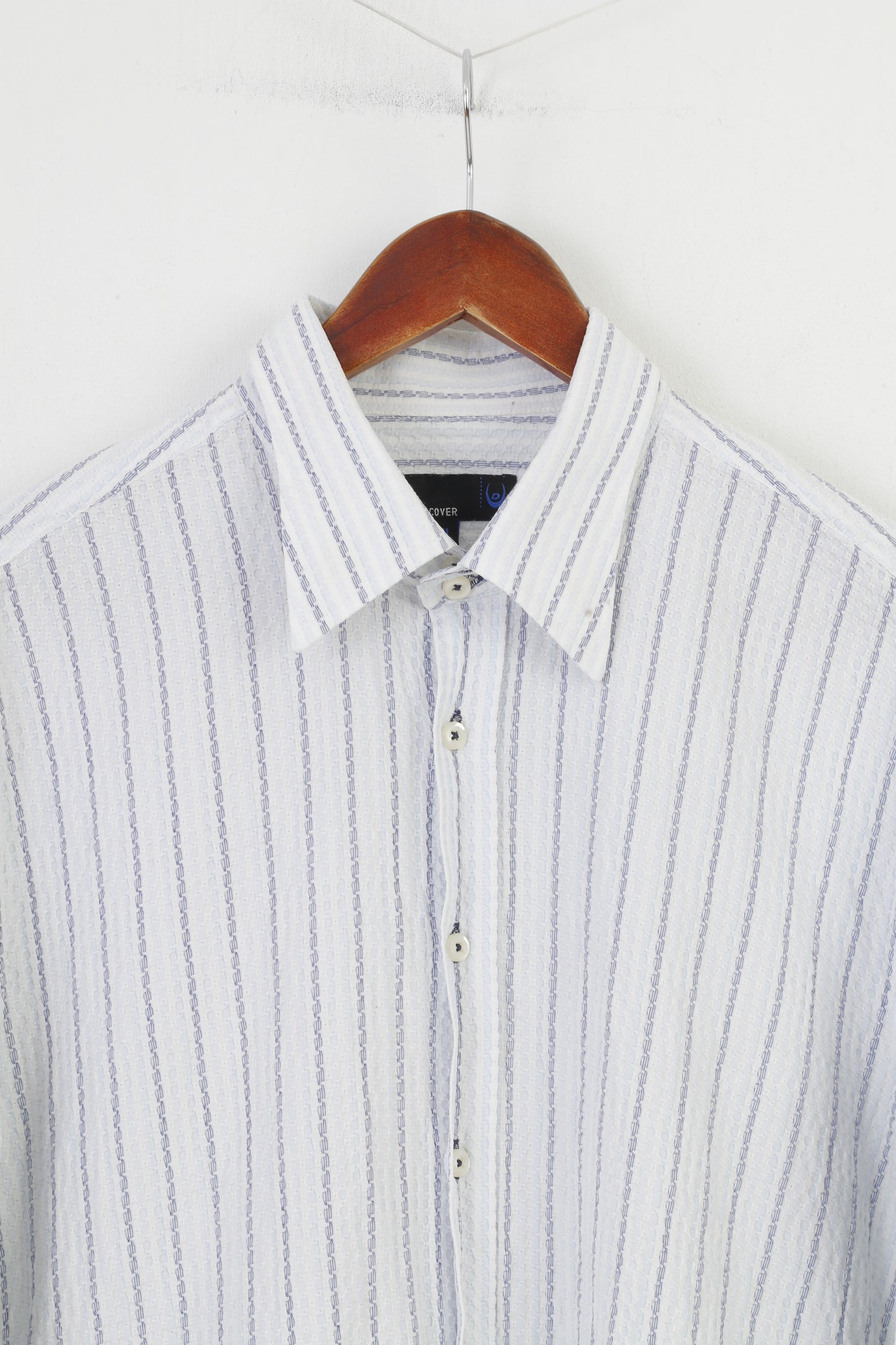 Duck And Cover Men XL Elegant Shirt  Cotton Striped White Light Blue Collar Long Sleeve Buttons Top