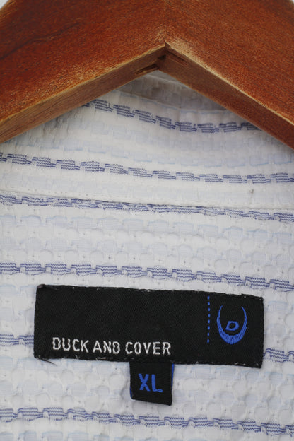 Duck And Cover Uomo XL Camicia elegante in cotone a righe bianche con colletto azzurro e maniche lunghe con bottoni