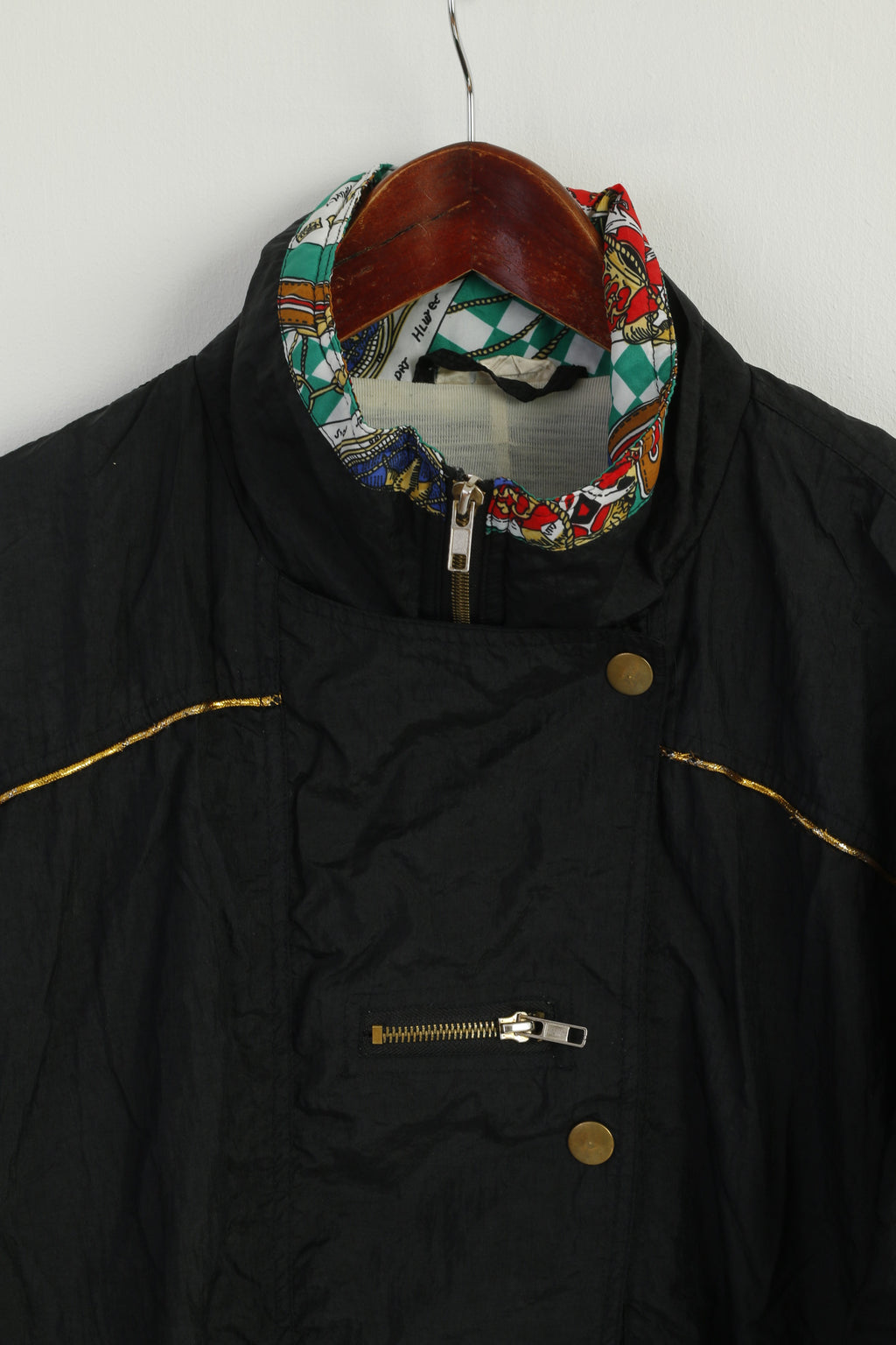 Vintage Women 42/44 M Jacket Black Shiny Nylon Italy Bomber Sport Top