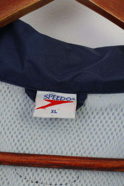 Giacca Speedo da uomo XL blu navy con zip collo impermeabile tasca sportiva cappuccio retrattile