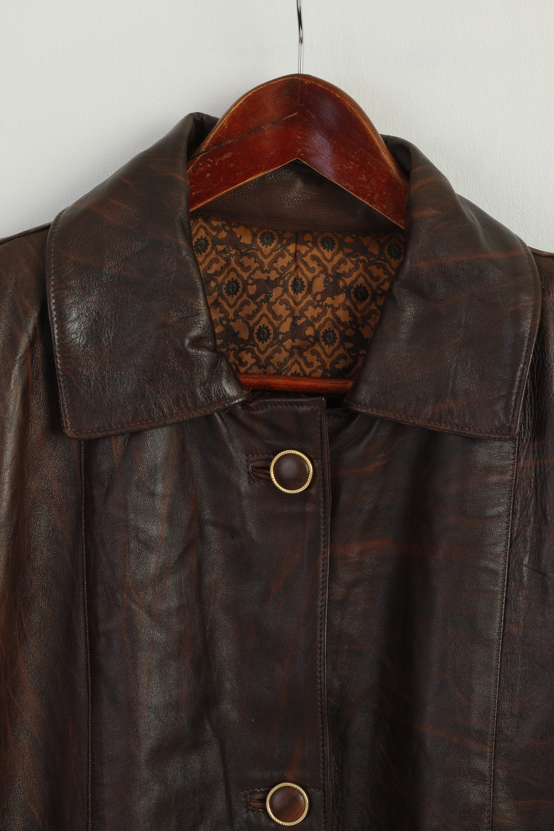 Leather Stil Confezioni Women L Jacket Brown Soft Leather Shoulder Pads Gold Buttons