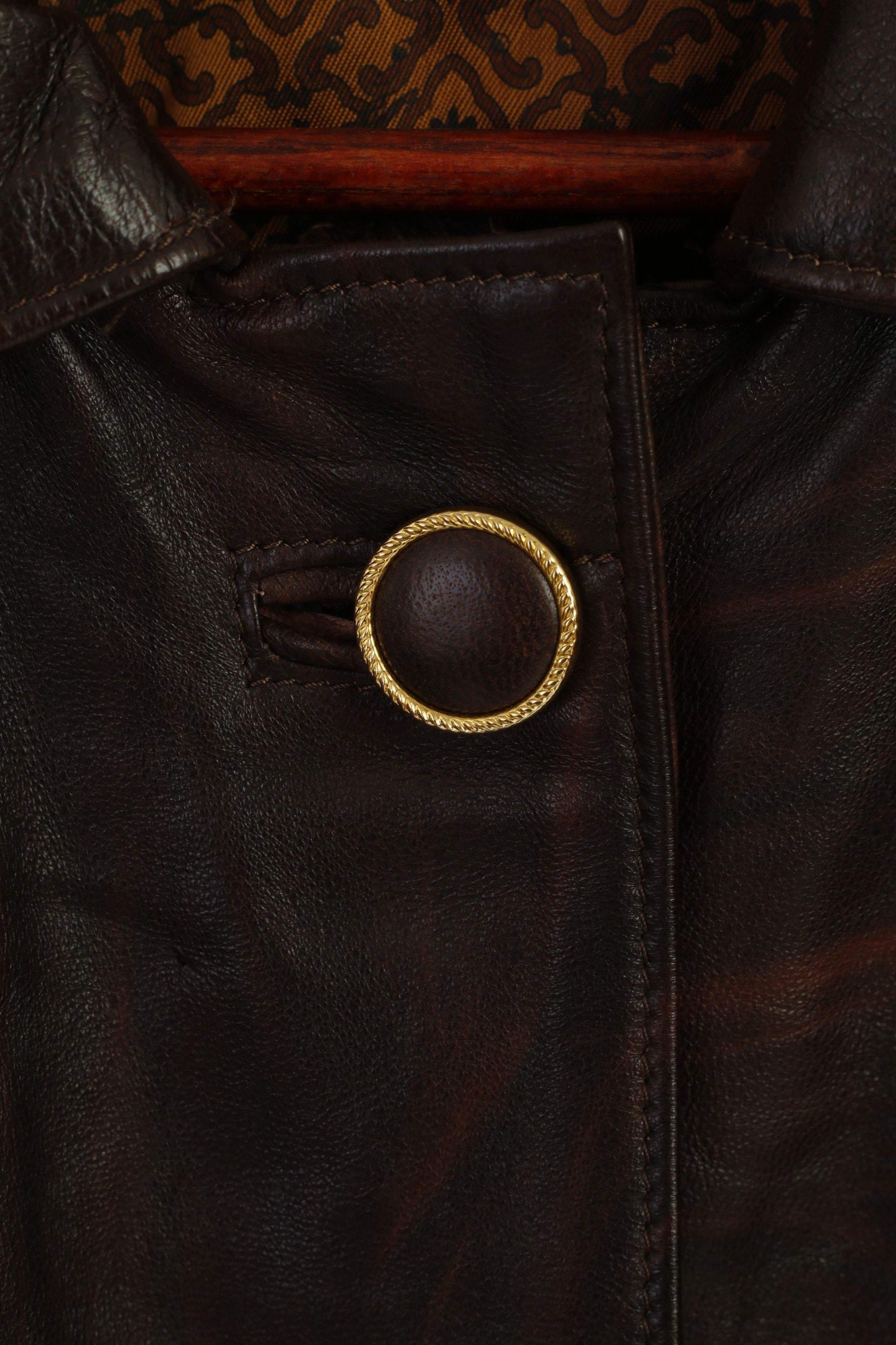 Leather Stil Confezioni Women L Jacket Brown Soft Leather Shoulder Pads Gold Buttons