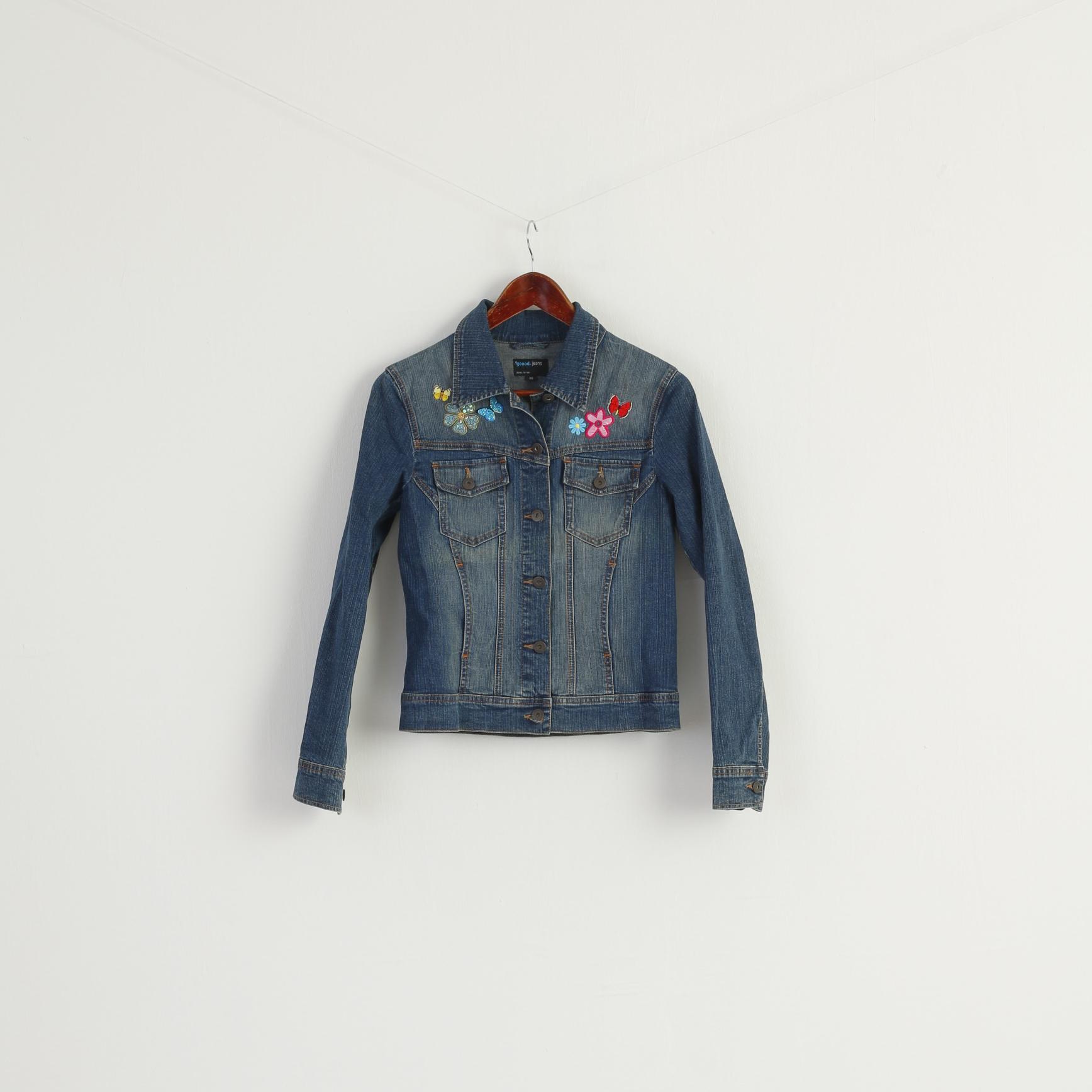 Goood Jeans Women 36 XS Jacket Blue Denim Emroidered Stretch Lovely Top