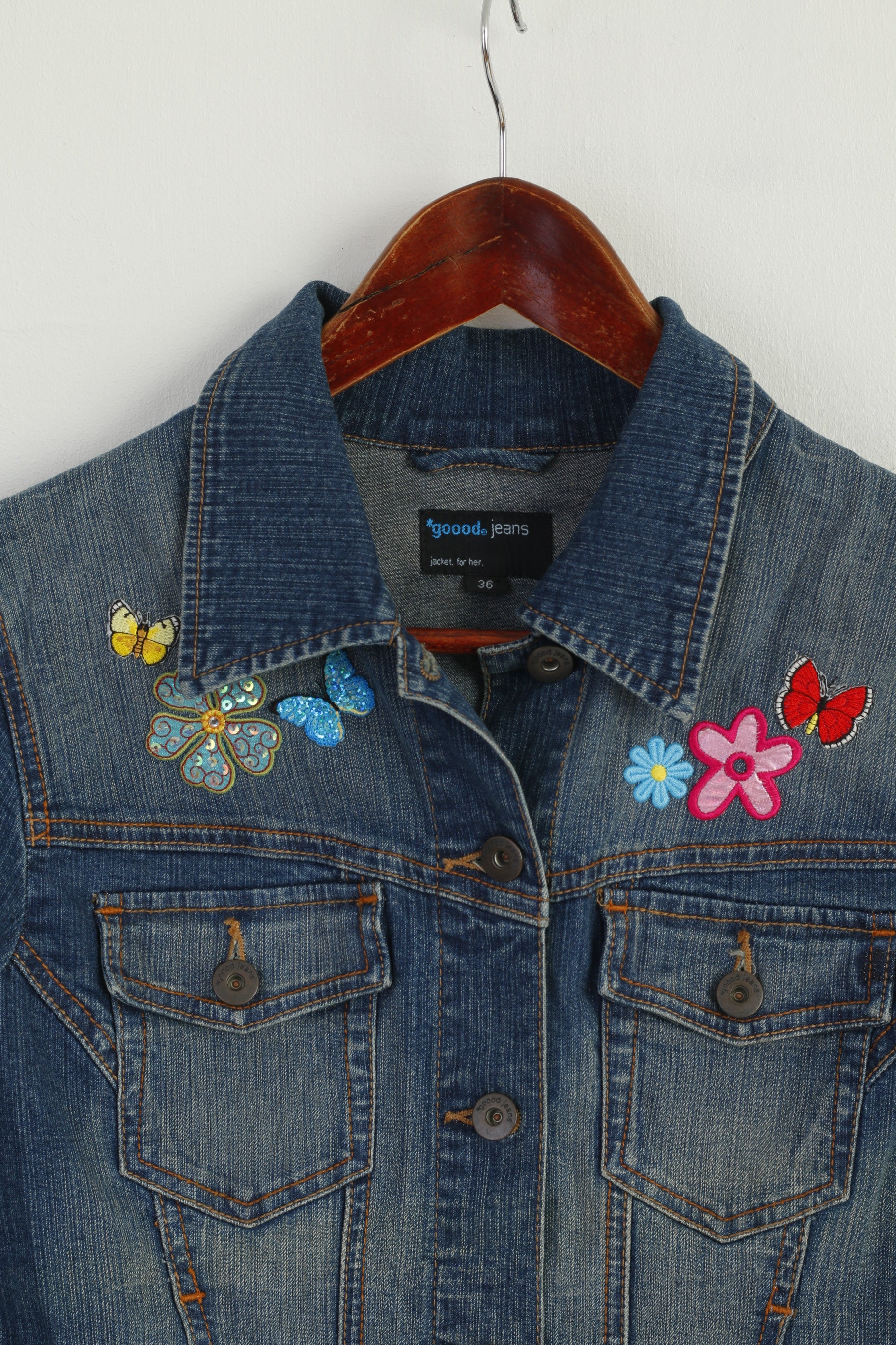 Goood Jeans Women 36 XS Jacket Blue Denim Emroidered Stretch Lovely Top