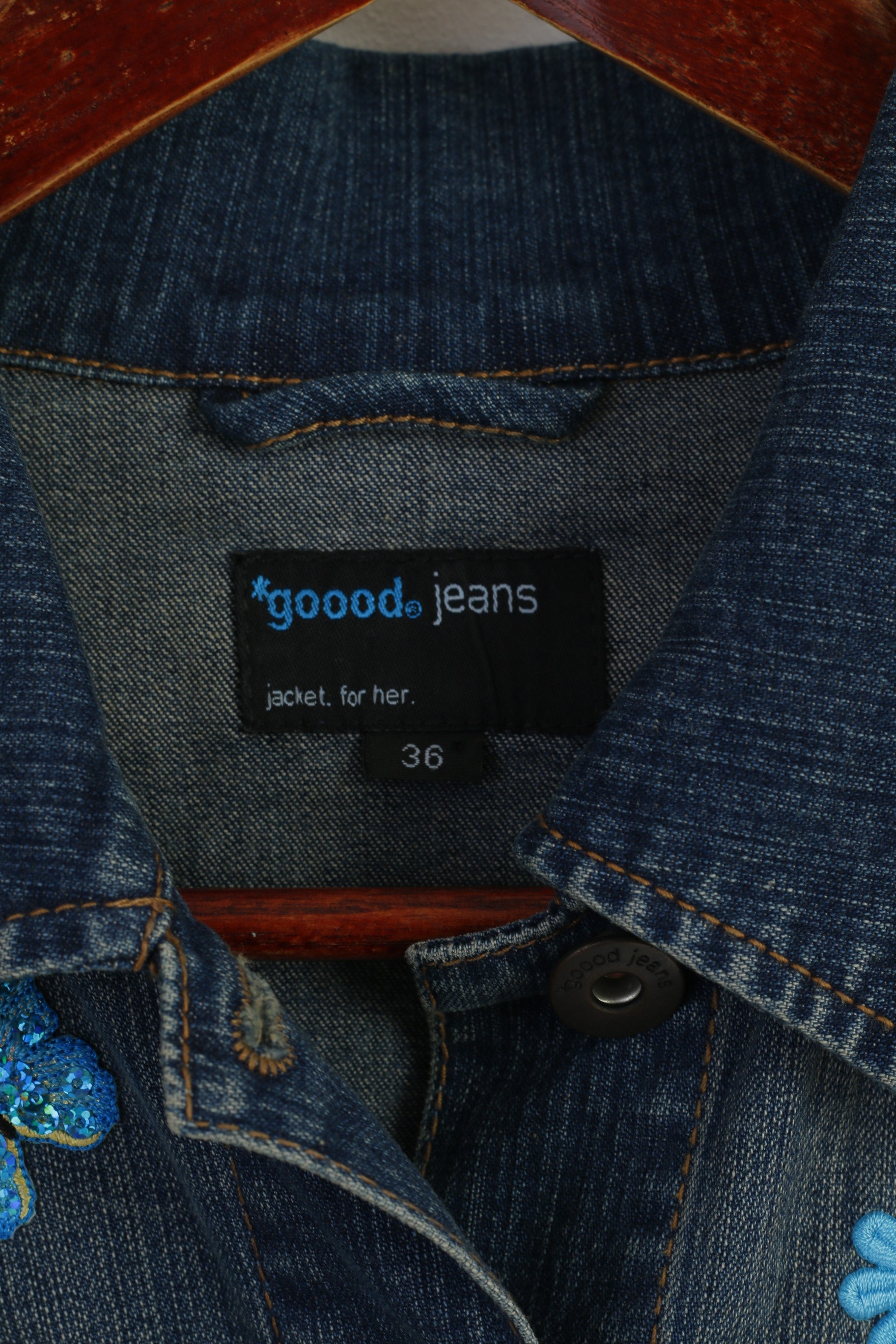 Goood Jeans Women 36 XS Jacket Blue Denim Emroidered Stretch Lovely Top