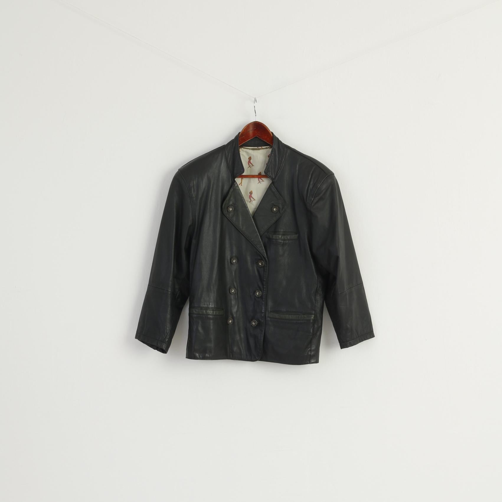 Montes Women 36 S Leather Jacket Black Golf Double Breasted Vintage Design Top