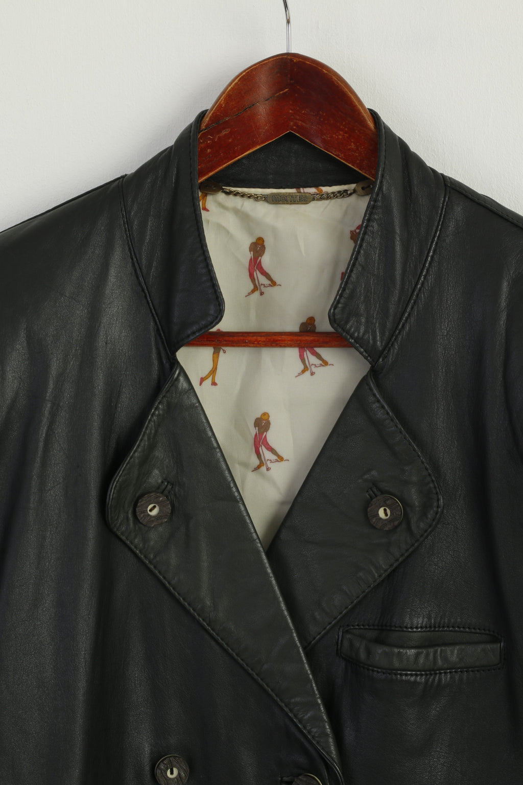 Montes Women 36 S Leather Jacket Black Golf Double Breasted Vintage Design Top