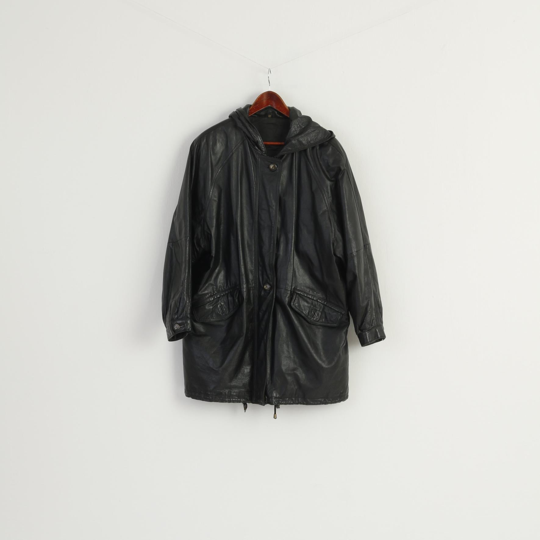 Vintage Women 42 L Leather Jacket Black Long Hooded Full Zipper Retro Oversize Top