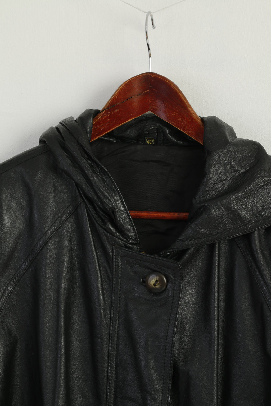 Vintage Women 42 L Leather Jacket Black Long Hooded Full Zipper Retro Oversize Top