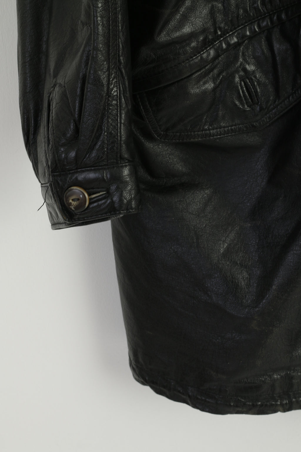 Vintage Women 42 L Leather Jacket Black Long Hooded Full Zipper Retro Oversize Top