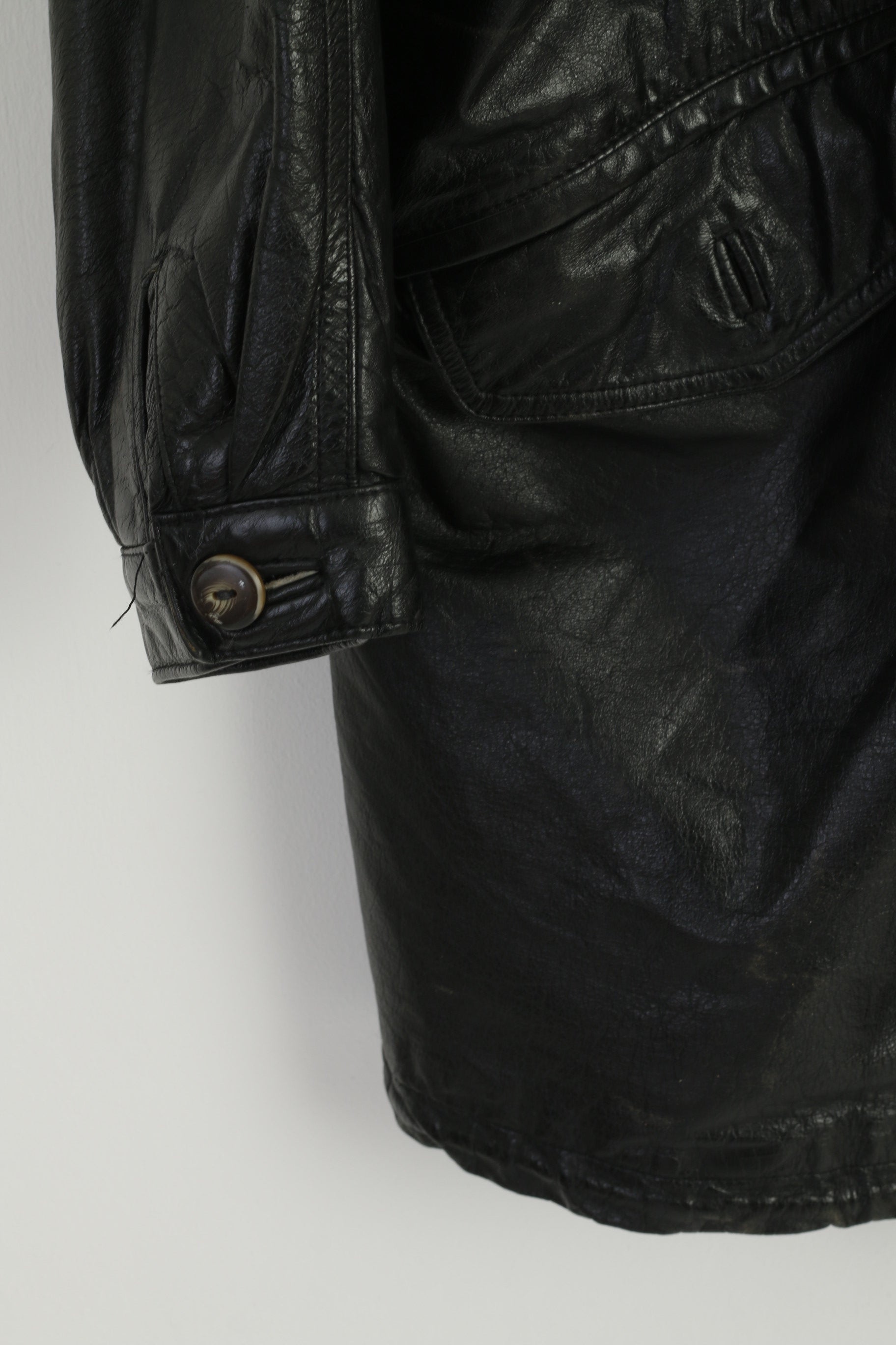 Vintage Women 42 L Leather Jacket Black Long Hooded Full Zipper Retro Oversize Top