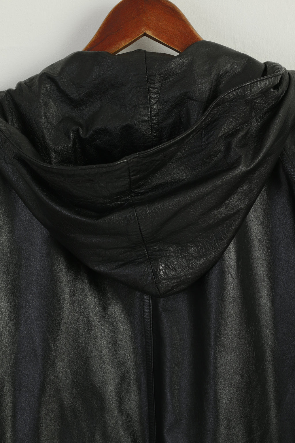 Vintage Women 42 L Leather Jacket Black Long Hooded Full Zipper Retro Oversize Top