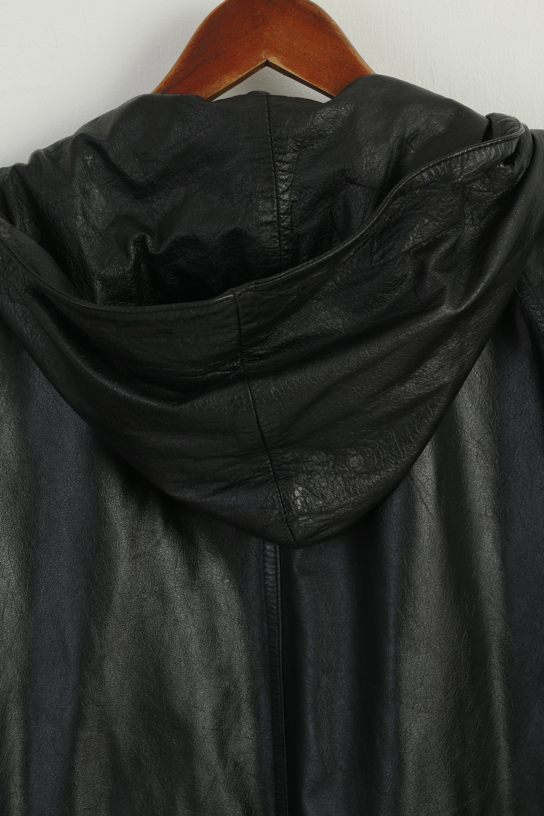 Vintage Women 42 L Leather Jacket Black Long Hooded Full Zipper Retro Oversize Top